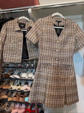 NWT Maje Brown Tweed Button Front Dress and Blazer Set